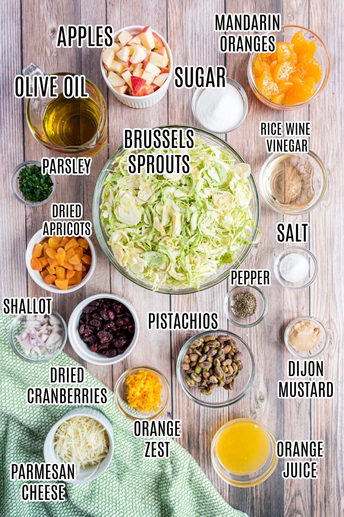 Overhead photo showing all the ingredients needed to make the Brussels Sprout Salad