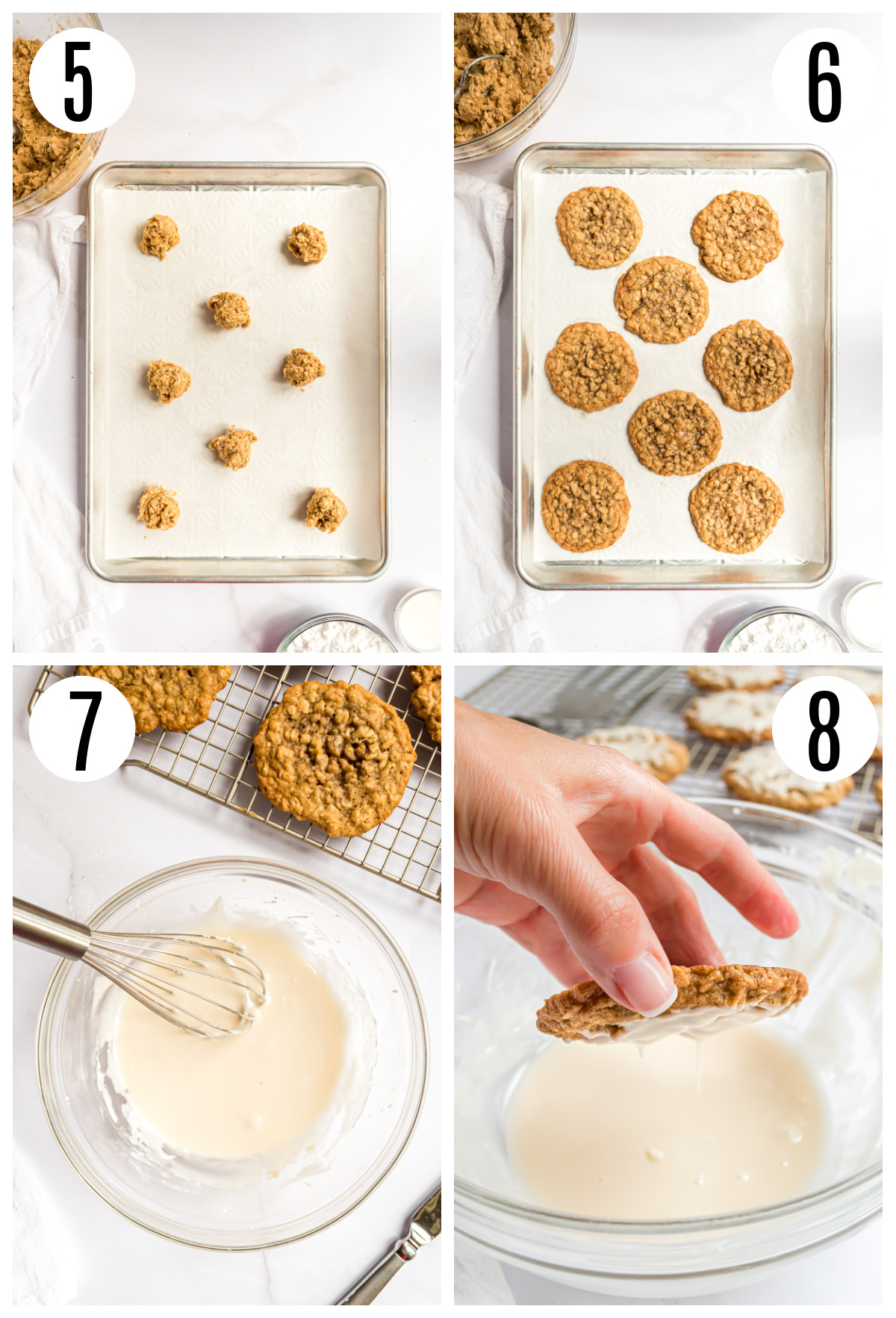 A collage of 4 photos showing the next 4 steps including scooping the cookies onto a baking sheet, baking and cooling the cookies, making the icing and dipping the cookies.