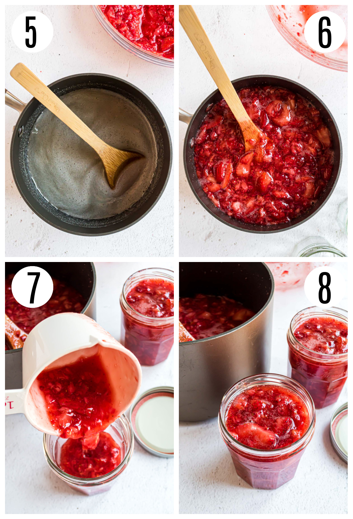 A photo collage of the next steps in making the freezer jam including boiling the pectin mixture, adding the crushed berries, and pouring the mixture into the jars.