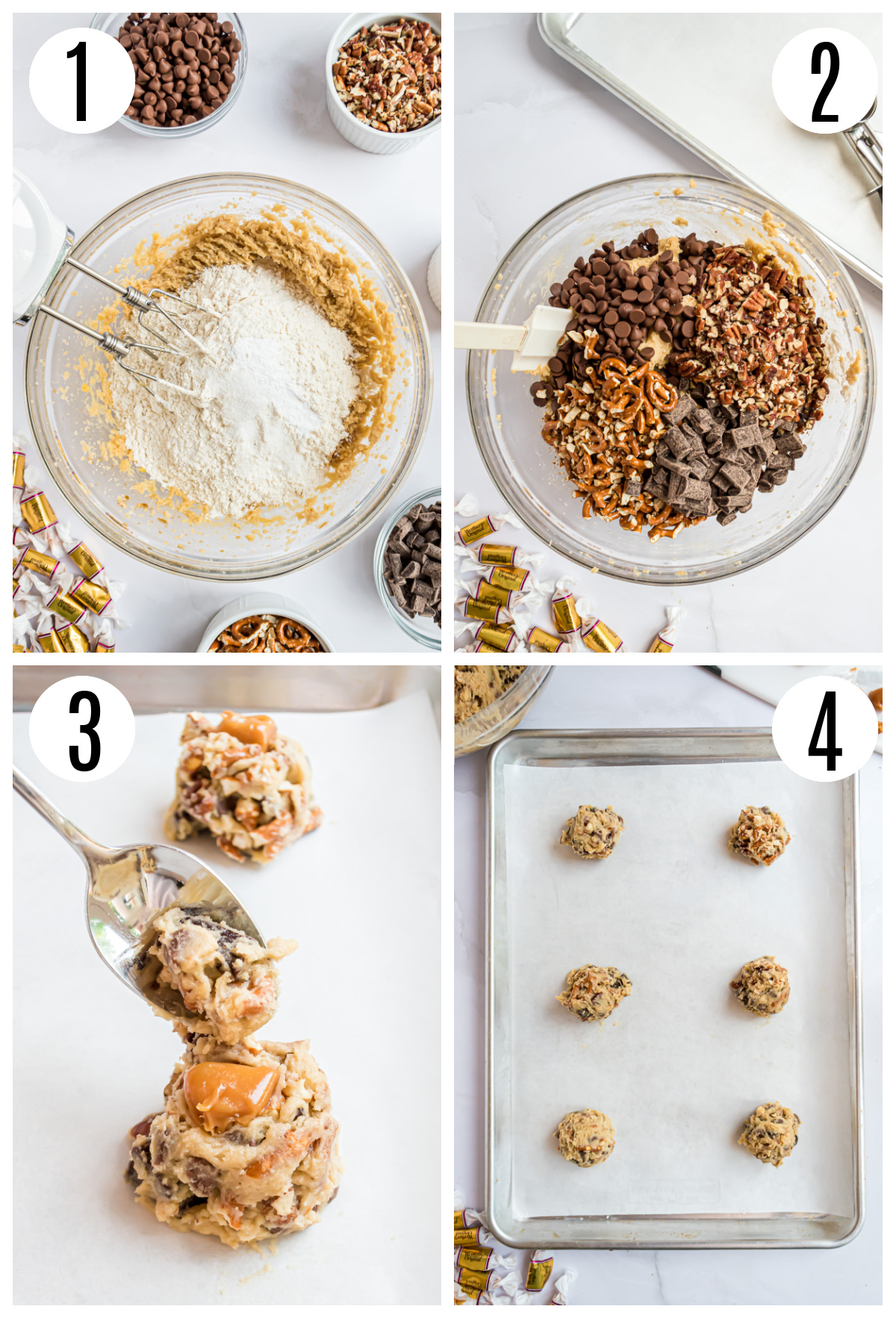 The steps needed to make the kitchen sink cookie dough including mixing the dough, adding the chocolate, pretzels, and nuts, and placing a caramel on top of the cookies before baking.