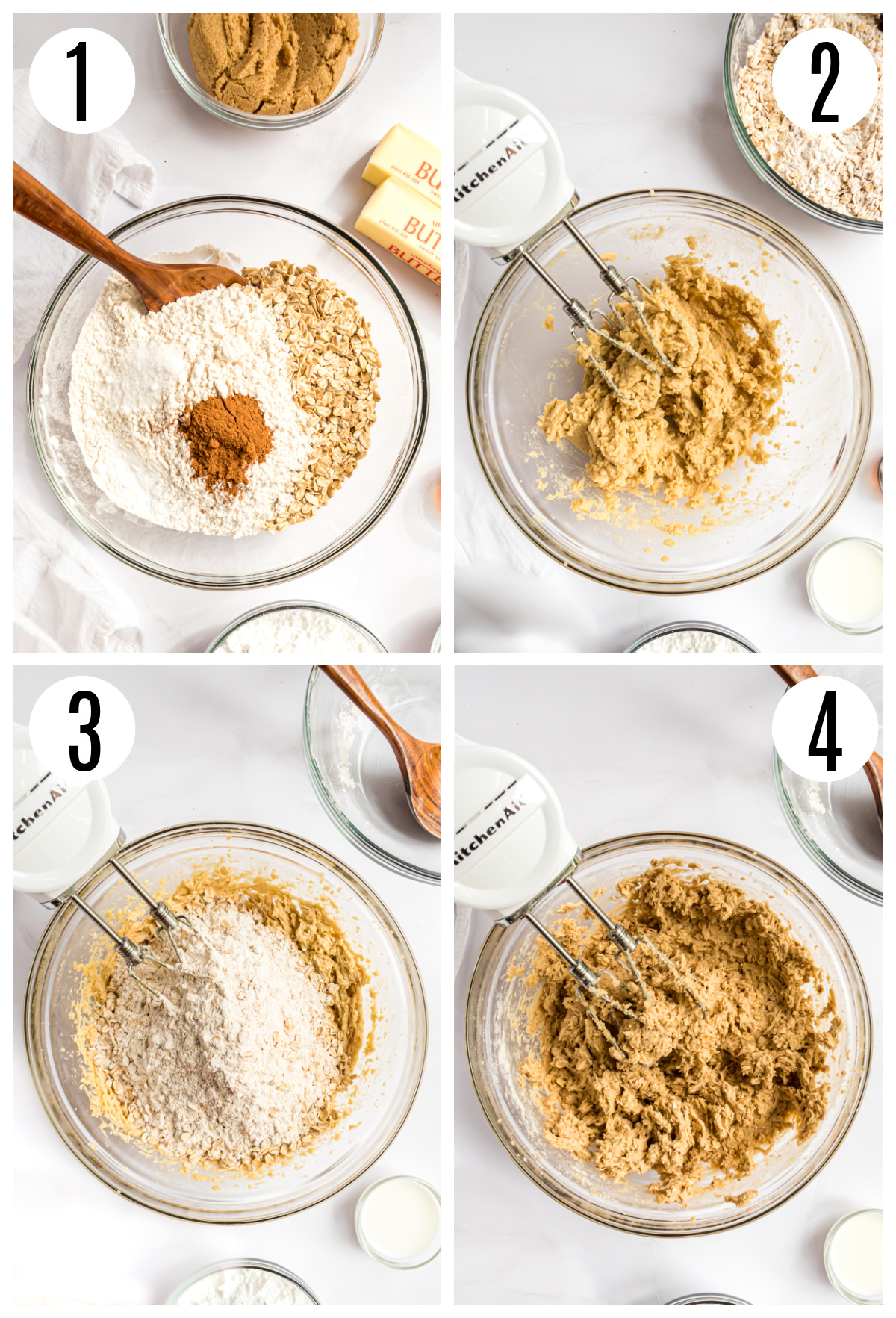 A collage of 4 photos showing the first steps to make the cookie dough including: combining the dry ingredients in a mixing bowl, creaming the butter and sugars together, and mixing the dry ingredients in with a hand mixer to form the dough.