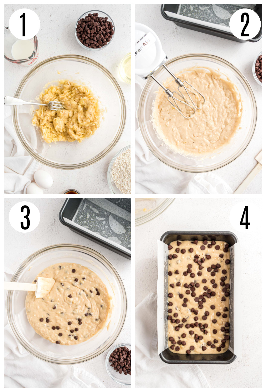 The process of making the banana bread with pancake mix batter.
1. Mashing the bananas.
2. Mixing the pancake mix and all the other ingredients in.
3. Adding the chocolate chips.
4. The unbaked loaf poured into the pan with topped with chocolate chips.