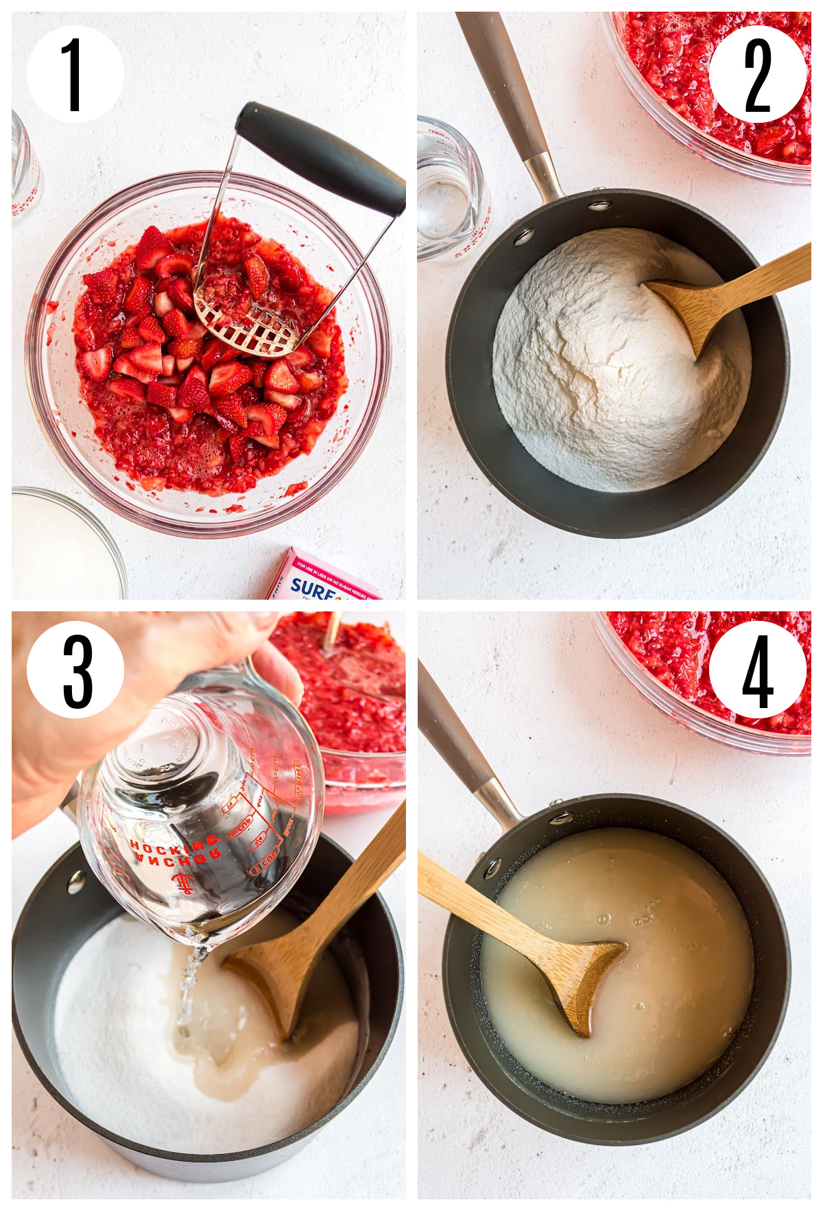 A collage of the first four steps in making the strawberry freezer jam.