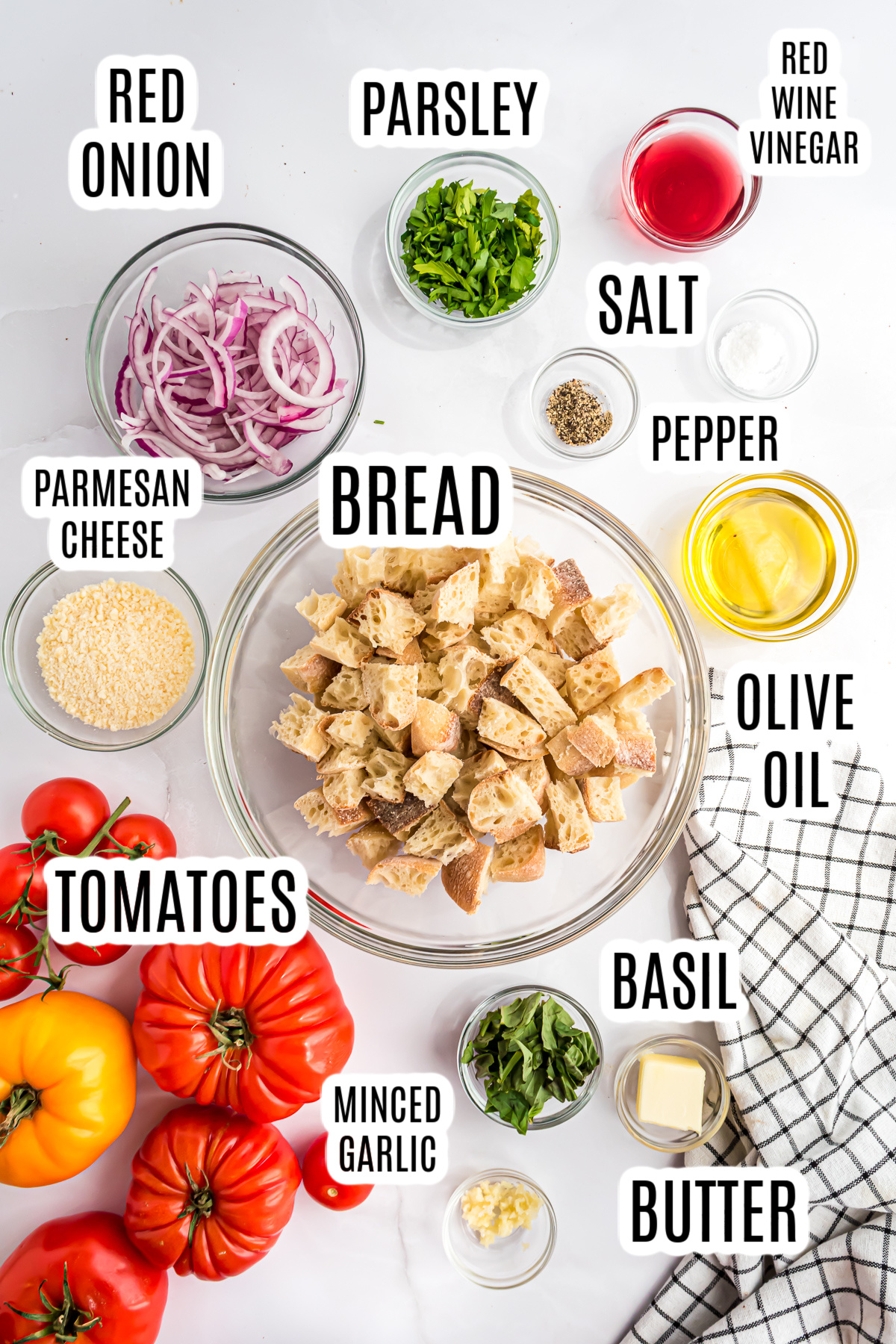 All the ingredients needed to make the Panzanella recipe including red onion, parsley, red wine vinegar, salt, pepper, olive oil, bread, grated parmesan cheese, tomatoes, minced garlic, basil, butter, and garlic.
