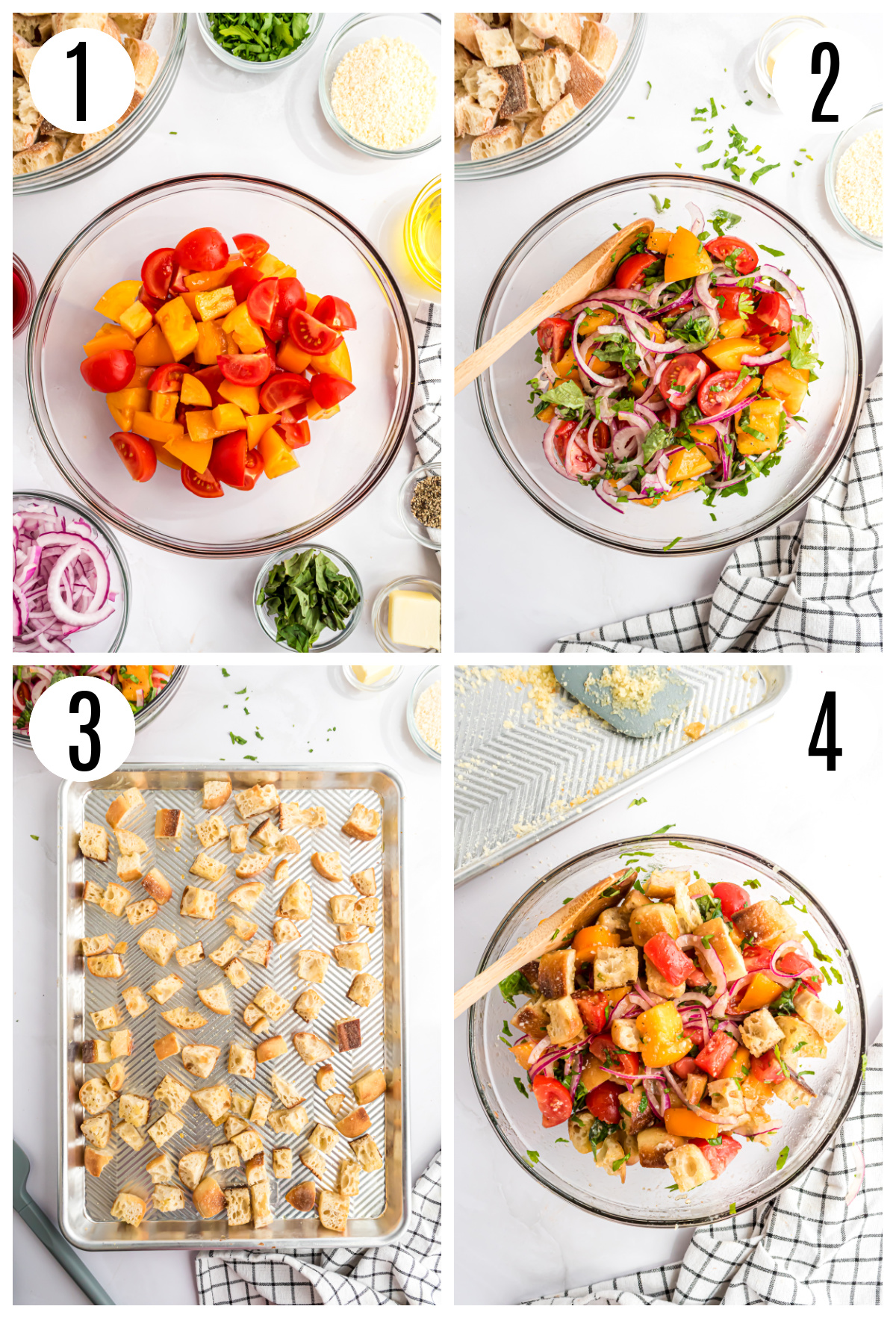 A collage showing the steps to make the Panzanella including cutting the tomatoes, combining the ingredients in a large mixing bowl, toasting the croutons, and combining the dried bread with the tomato mixture.