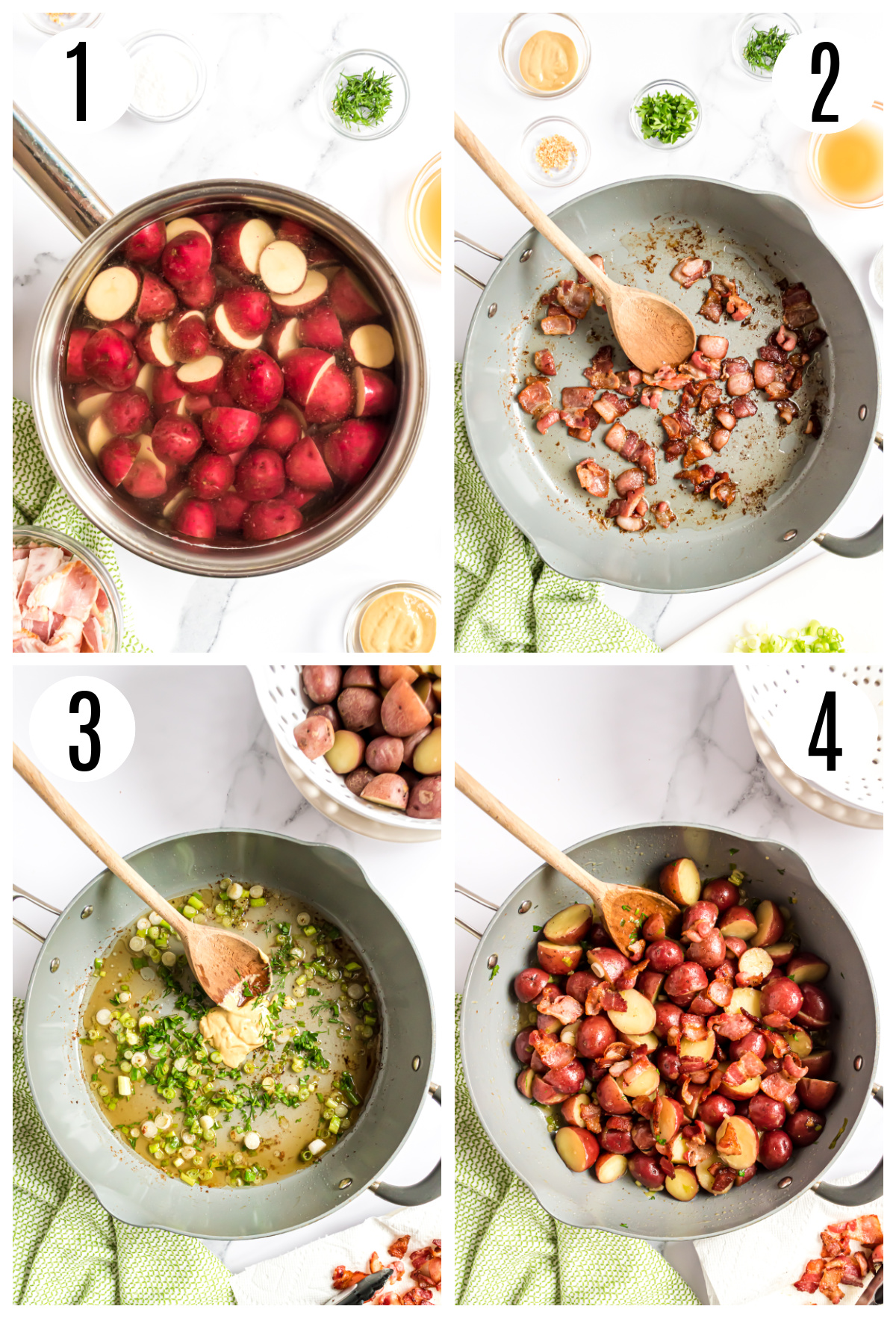 A collage of the 4 steps to make the hot potato salad including boiling the potatoes, frying the bacon pieces, adding the green onions to the pan, making the dressing, and tossing the cooked potatoes into the skillet to coat them.