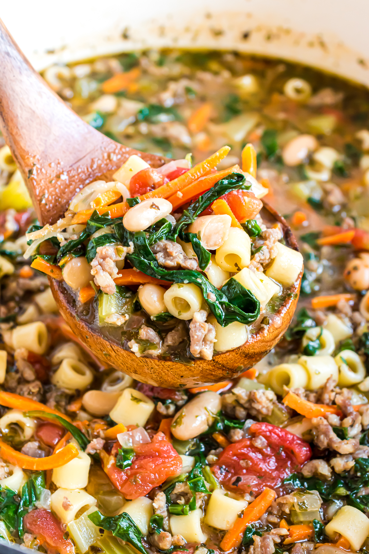 A large pot of soup with a ladle of soup filled with beans, tomato, spinach and pasta.