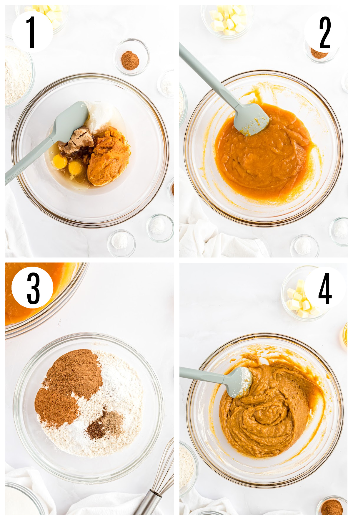 A group of 4 photos showing the steps to make the Panera Bread Pumpkin muffin recipe, including mixing all the wet ingredients in a mixing bowl, adding the dry ingredients and stirring them together.