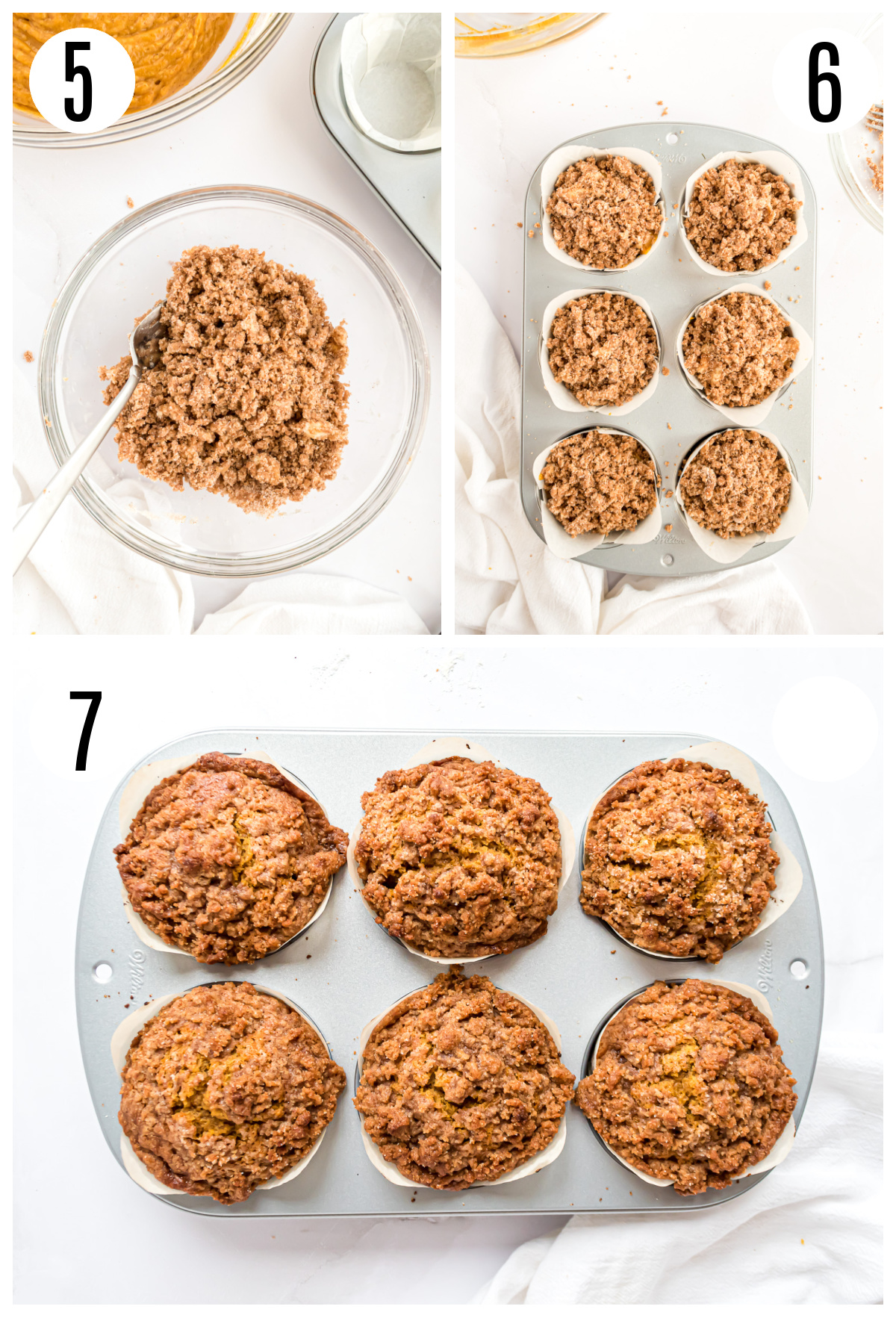 A group of 3 photos that show the next steps in making the Panera Bread Pumpkin Muffin Recipe that include combining the streusel ingredients, filling the muffin tin and baking the muffins.