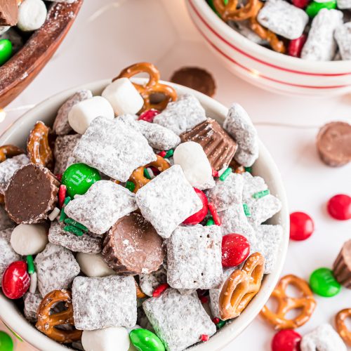 Christmas reindeer chex mix in a bowl.