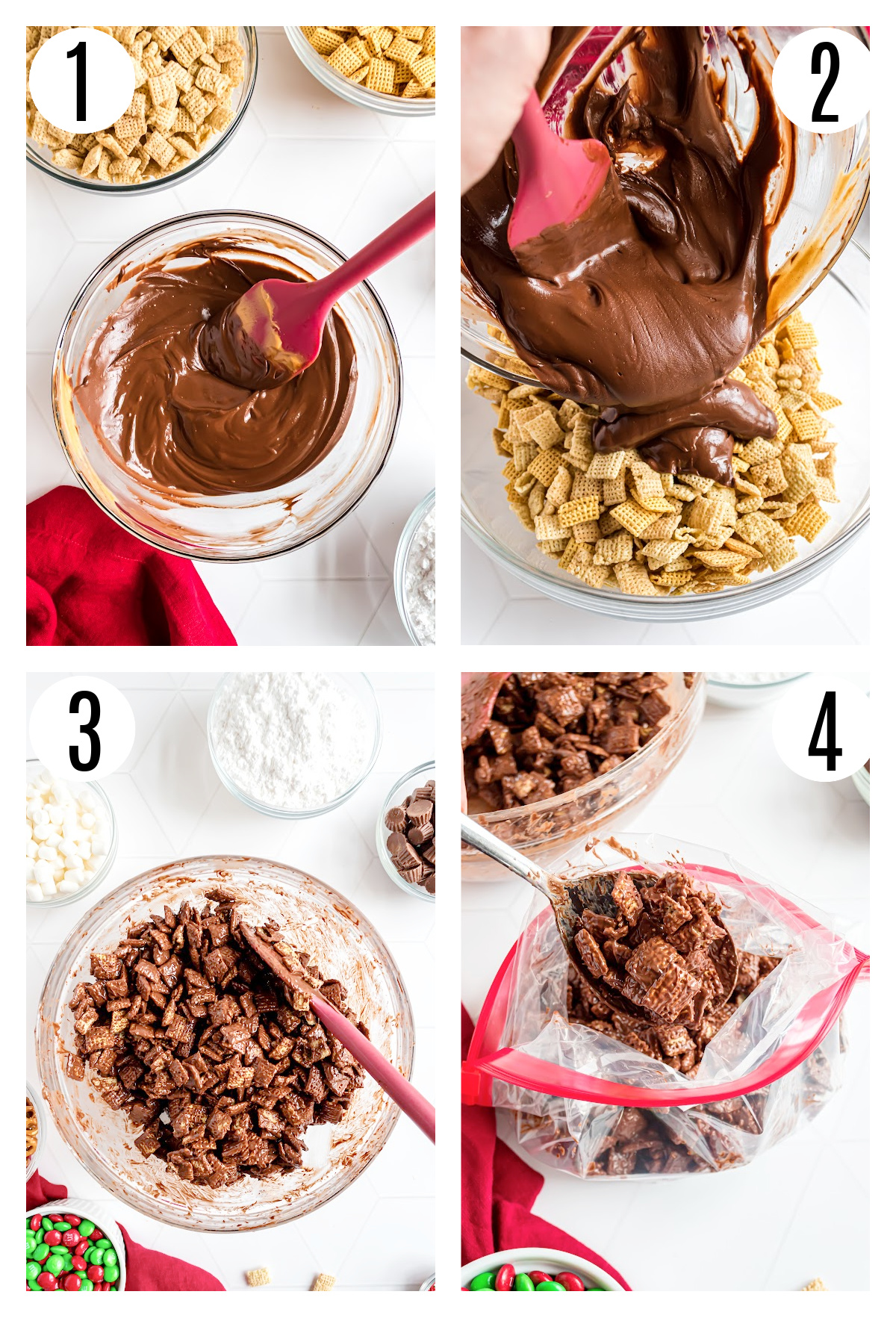 A collage with the first four steps of making the recipe. The first one is melting the peanut butter, chocolate and butter. The second one is pouring that mixture over the cereal. The third is stirring those things together and the fourth is spooning it into a gallon-sized Ziploc bag.
