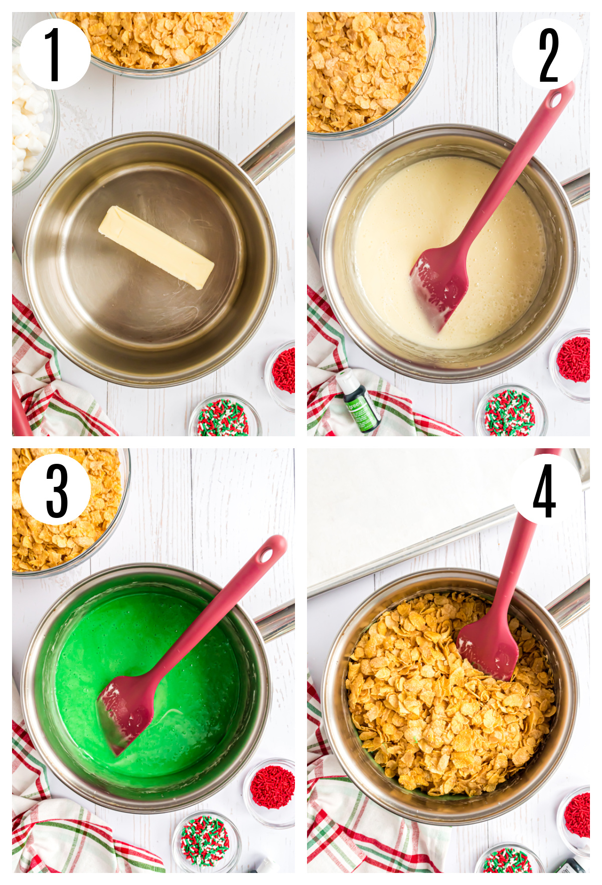 The first four steps in making the Christmas Wreath Cookie recipe include: melting the butter in a saucepan, adding the marshmallows, adding the green food coloring and adding the cornflake cereal.