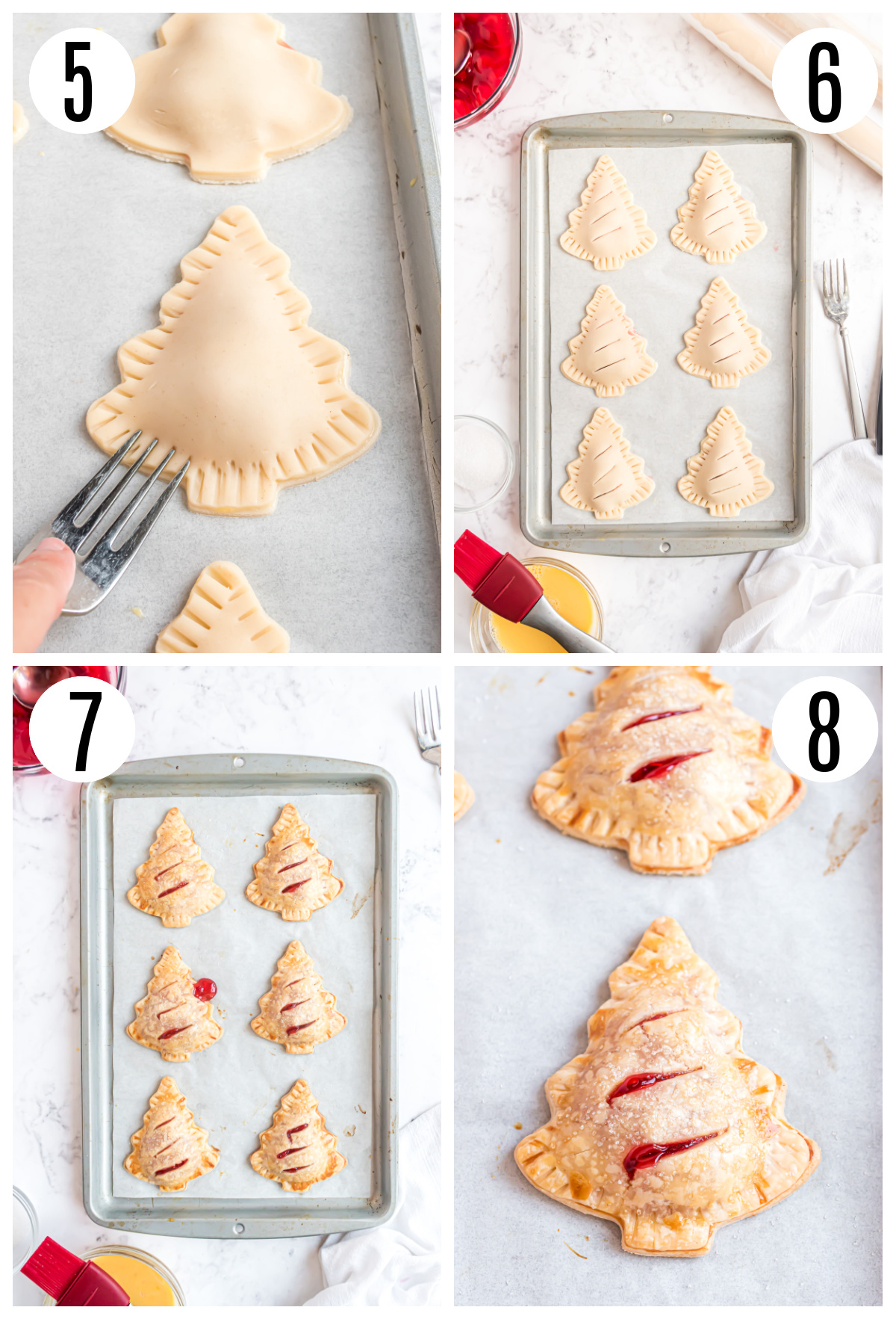 The next steps to making the mini cherry hand pies include pressing the crust together with the tines of a fork, cutting slits in the top layer to allow steam to escape, and baking them.