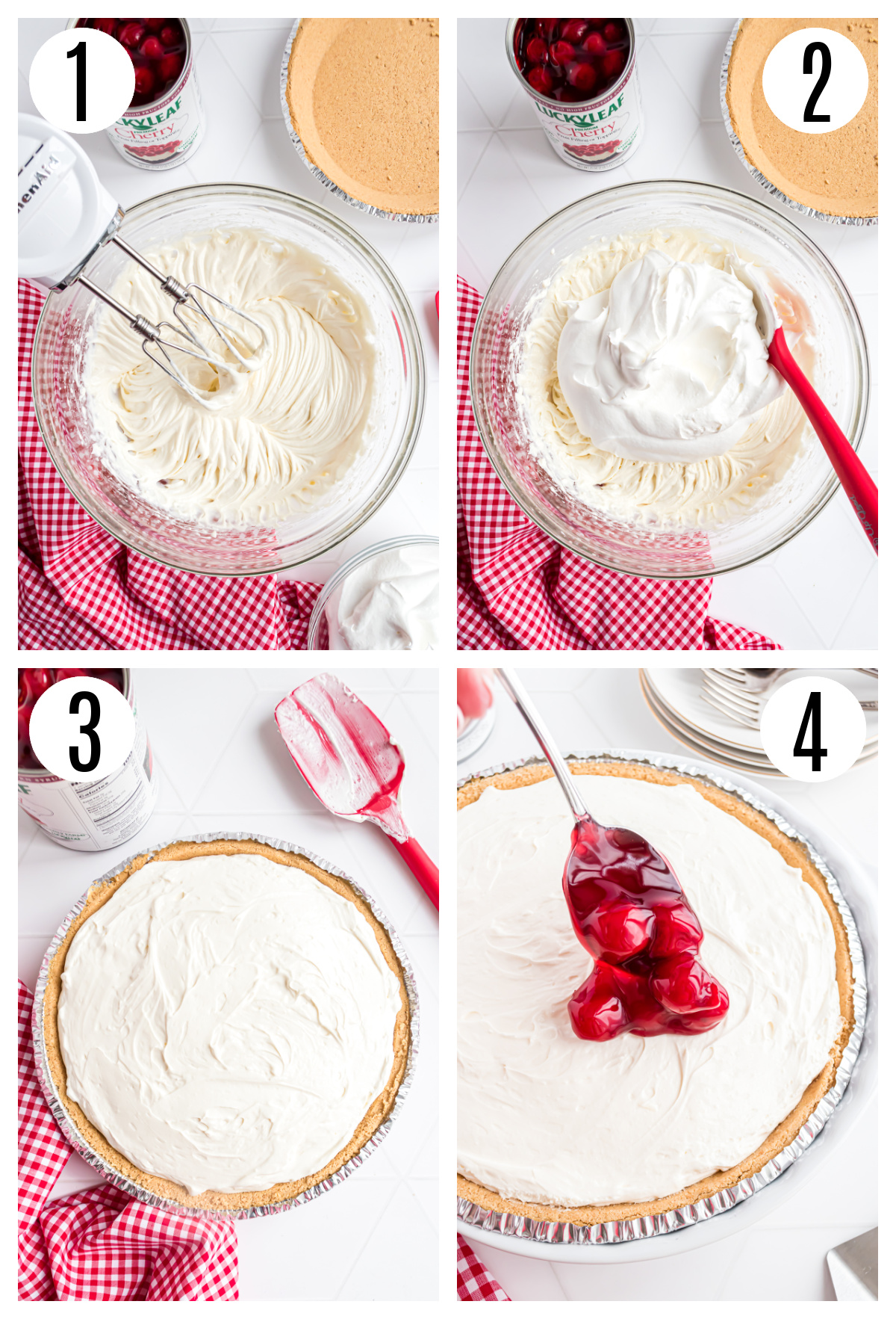 The steps to complete this recipe include: beating the cream cheese and sweetened condensed milk together with an electric mixer, folding in the cool whip, pouring the filling into the  crust and topping with the pie filling after the pie has been chilled.
