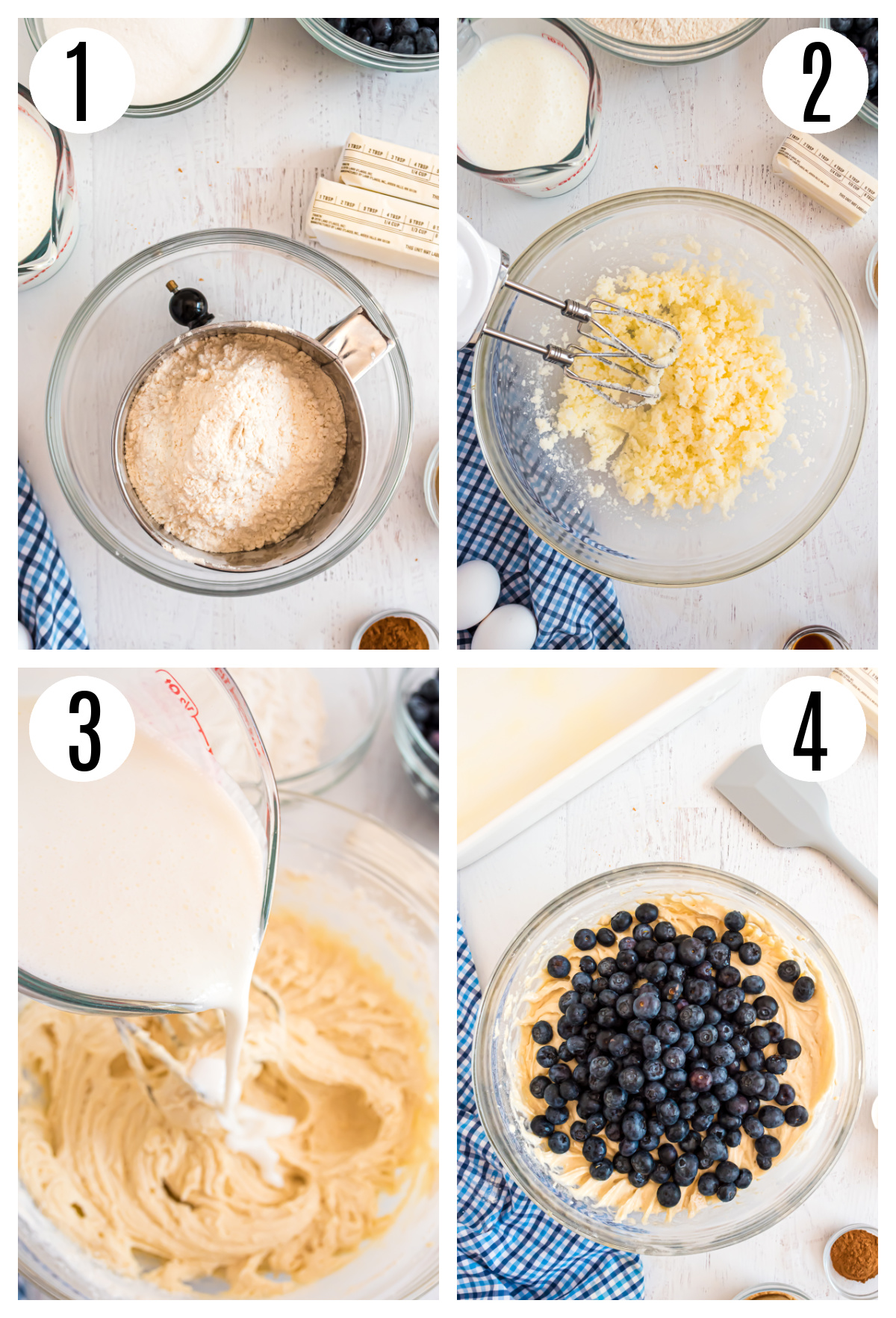 The first four steps in making the Blueberry Buttermilk Coffee Cake Recipe with Crumb Topping include:
sifting the flour, baking powder, soda, and salt together, beating the butter and sugar together, adding the milk and flour mixture, and folding in the blueberries.