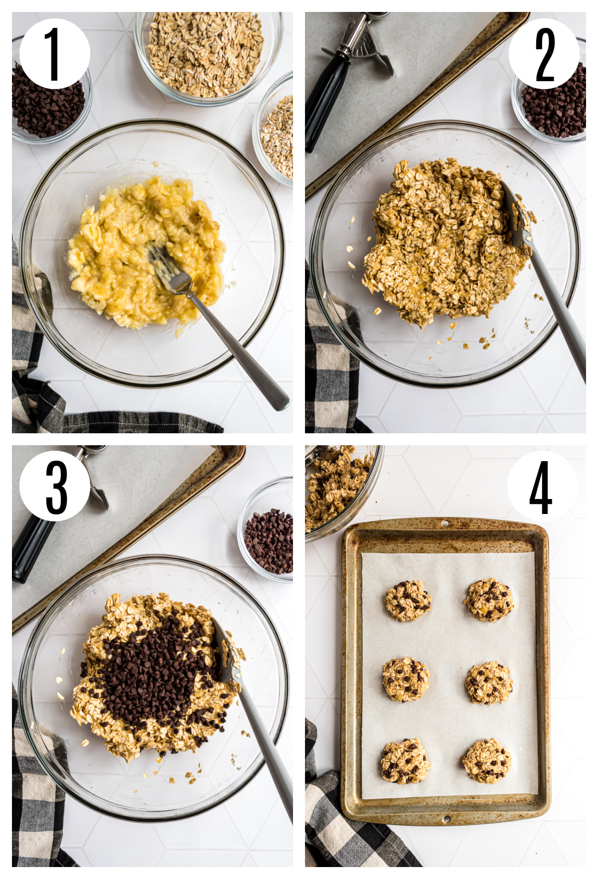The steps to make the 3-ingredient banana  cookies include mashing the banana, stirring in the oats, folding in the chocolate chips and baking the cookies.
