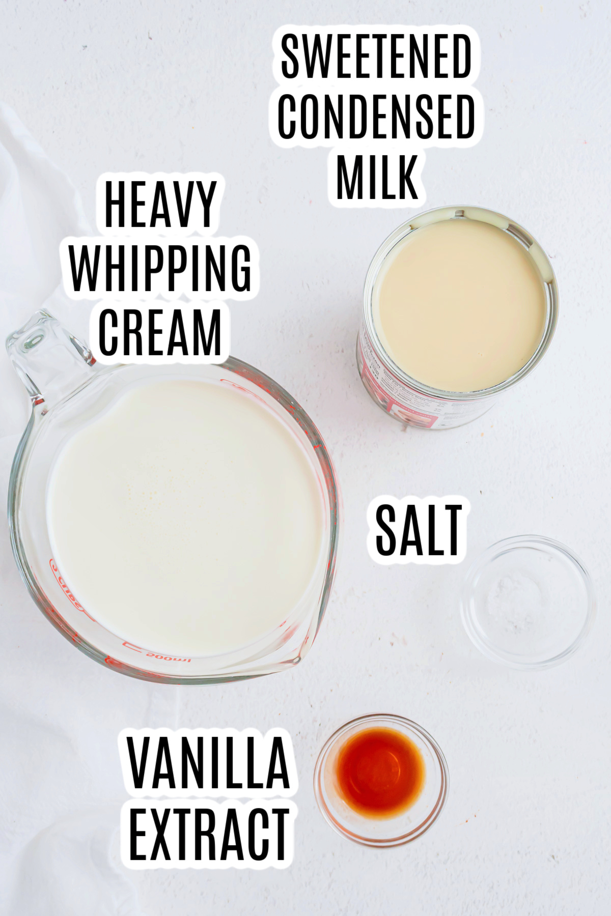 The ingredients needed to make this no churn ice cream recipe include: sweetened condensed milk, heavy whipping cream, salt and vanilla extract.