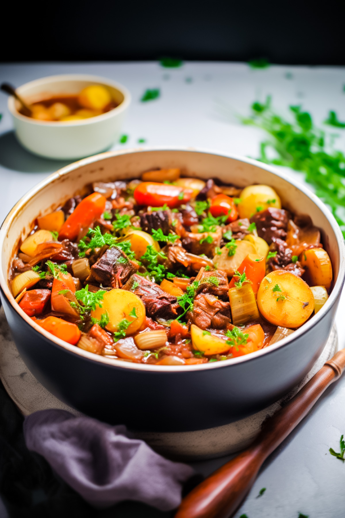 A bowl of vegetable beef stew that includes carrots, celery, potatoes and large pieces of beef topped wit parsley.