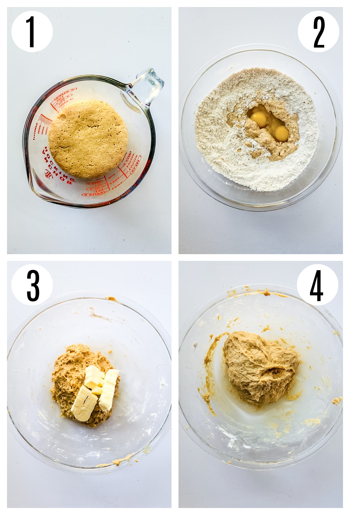 The first four steps of making the bread include proofing the yeast, mixing the dough ingredients and letting the dough rise.