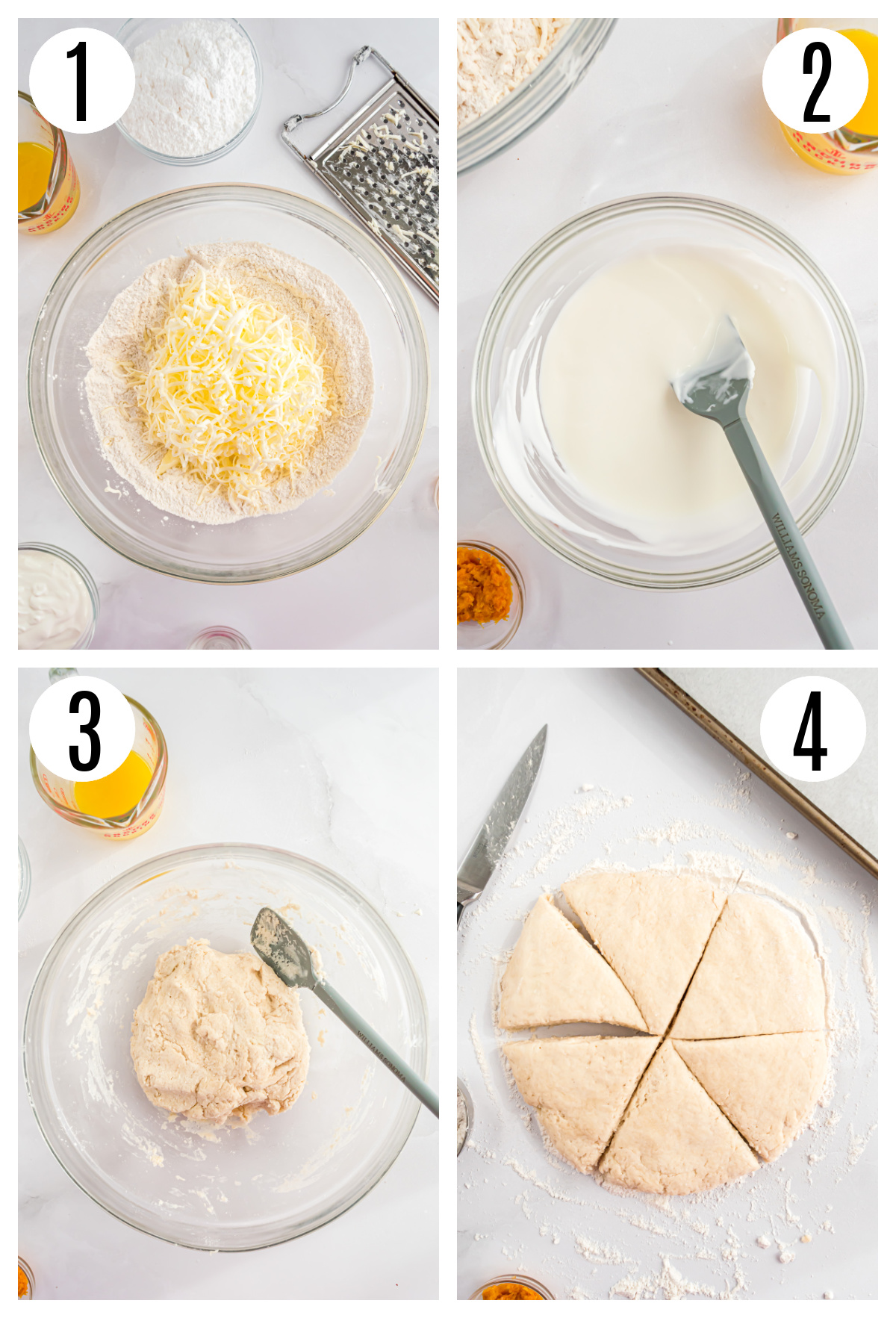 The first steps in making the glazed orange scone recipe include grating the butter into the flour mixture, combining the sour cream, milk, and extract, bringing the dough together, forming the dough into a disc and cutting the triangles.