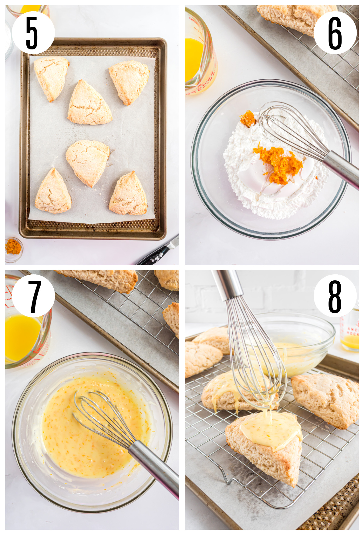 The next steps in making the orange scones include baking the scones, and making the glaze.