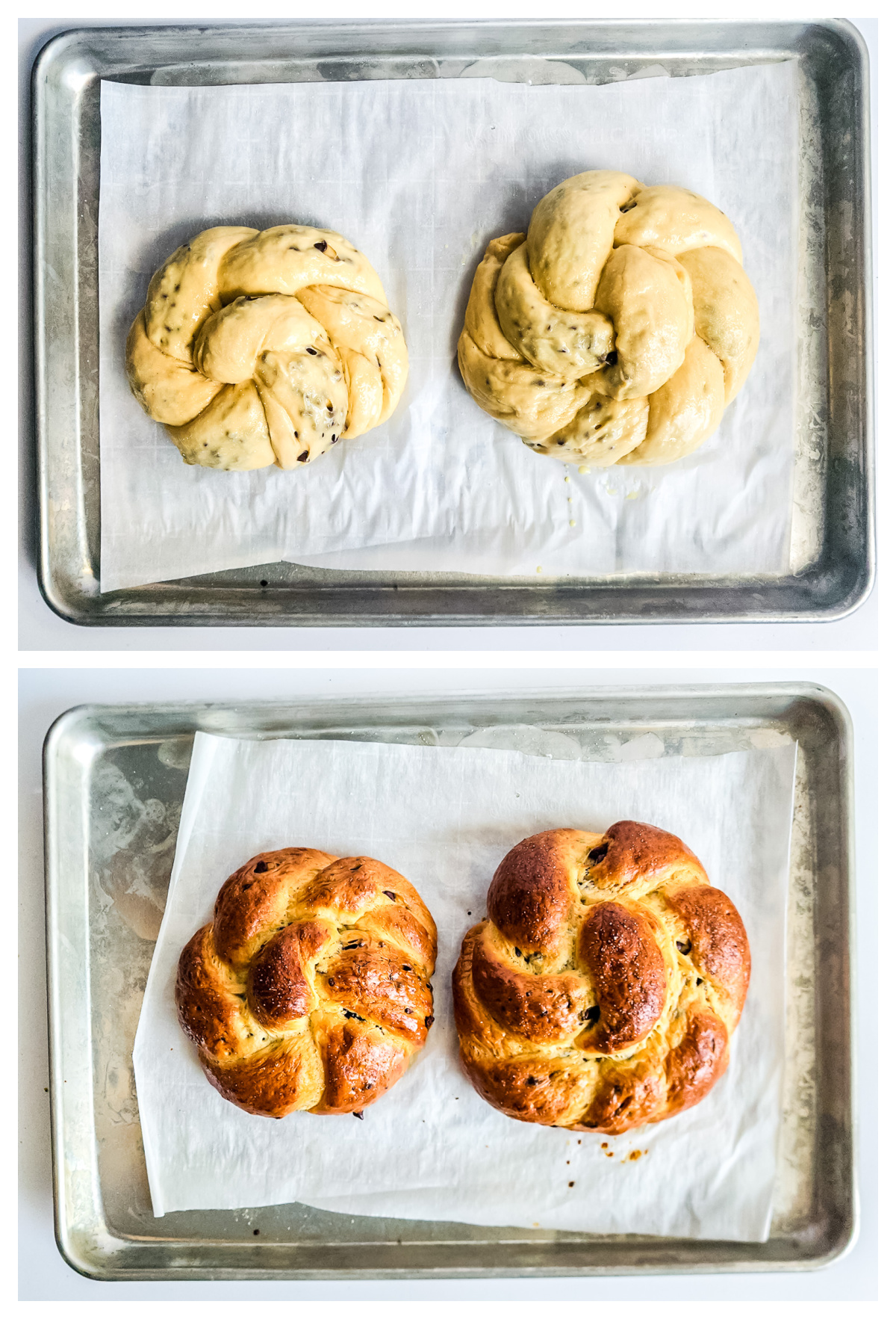 A comparison of what the brioche bread looks like before it is baked and after.