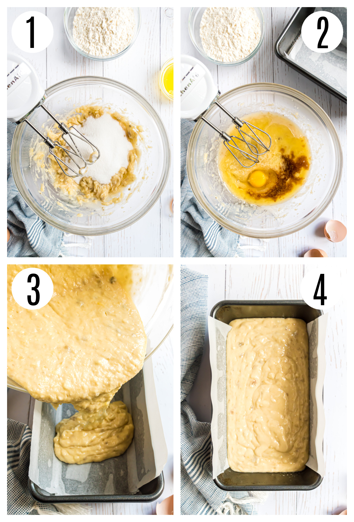 The steps to make the banana bread with self-rising flour include: mashing the bananas, mixing in the sugar, adding the egg, vanilla and sour cream, stirring in the self-rising flour and pouring the batter into the loaf pan.