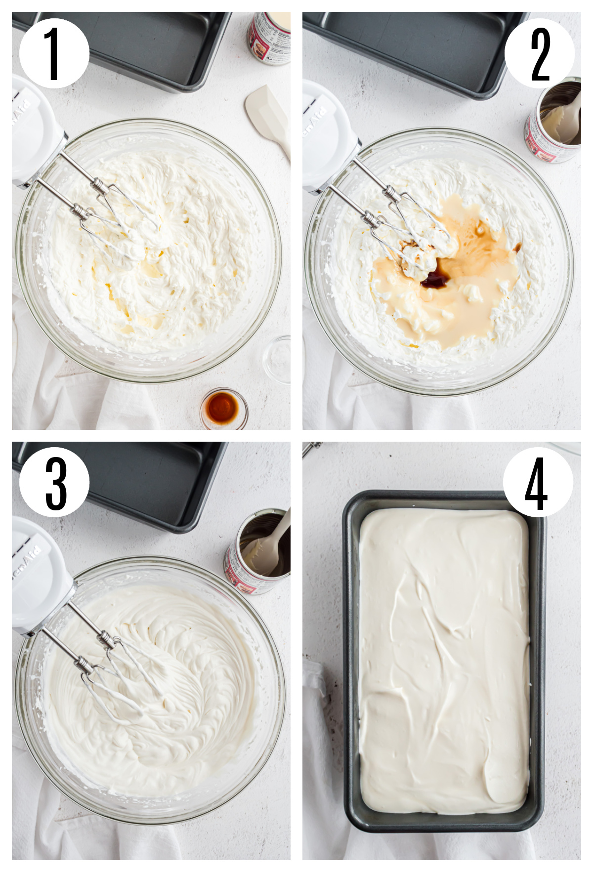 The steps to make this No churn ice cream include whipping the heavy cream until stiff peaks form, adding sweetened condensed milk and vanilla, mixing until smooth and creamy and pouring the mixture into a loaf pan.