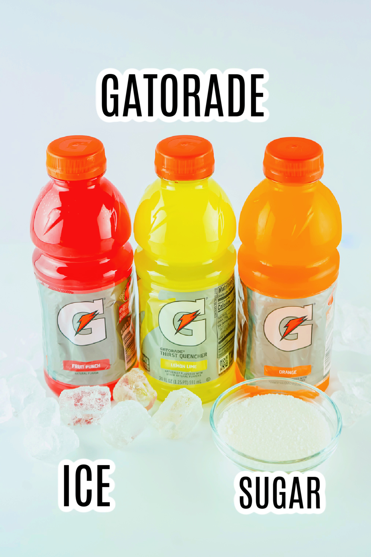 The ingredients needed to make the Gatorade Slushies include Gatorade, ice and sugar.