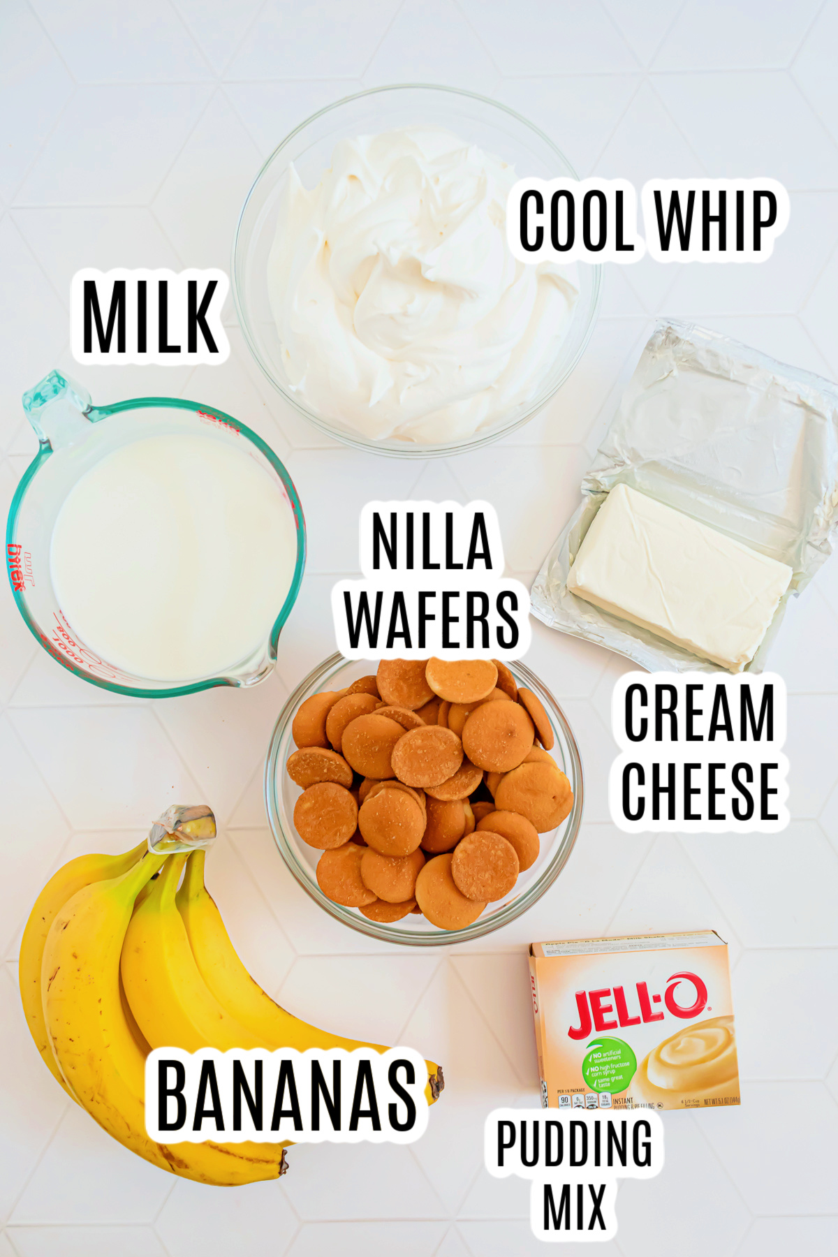 The ingredients needed to make the Banana Pudding with Cream Cheese include milk, cool whip, nilla wafers, cream cheese, bananas, and banana instant pudding mix.