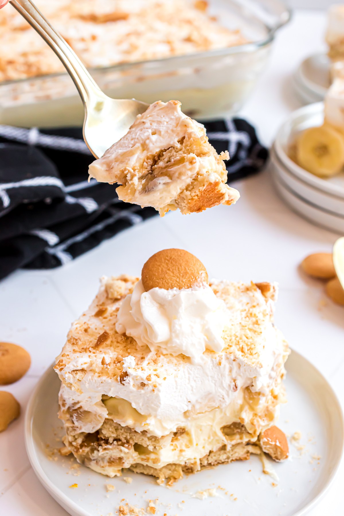 A spoonful of Banana Pudding dessert.
