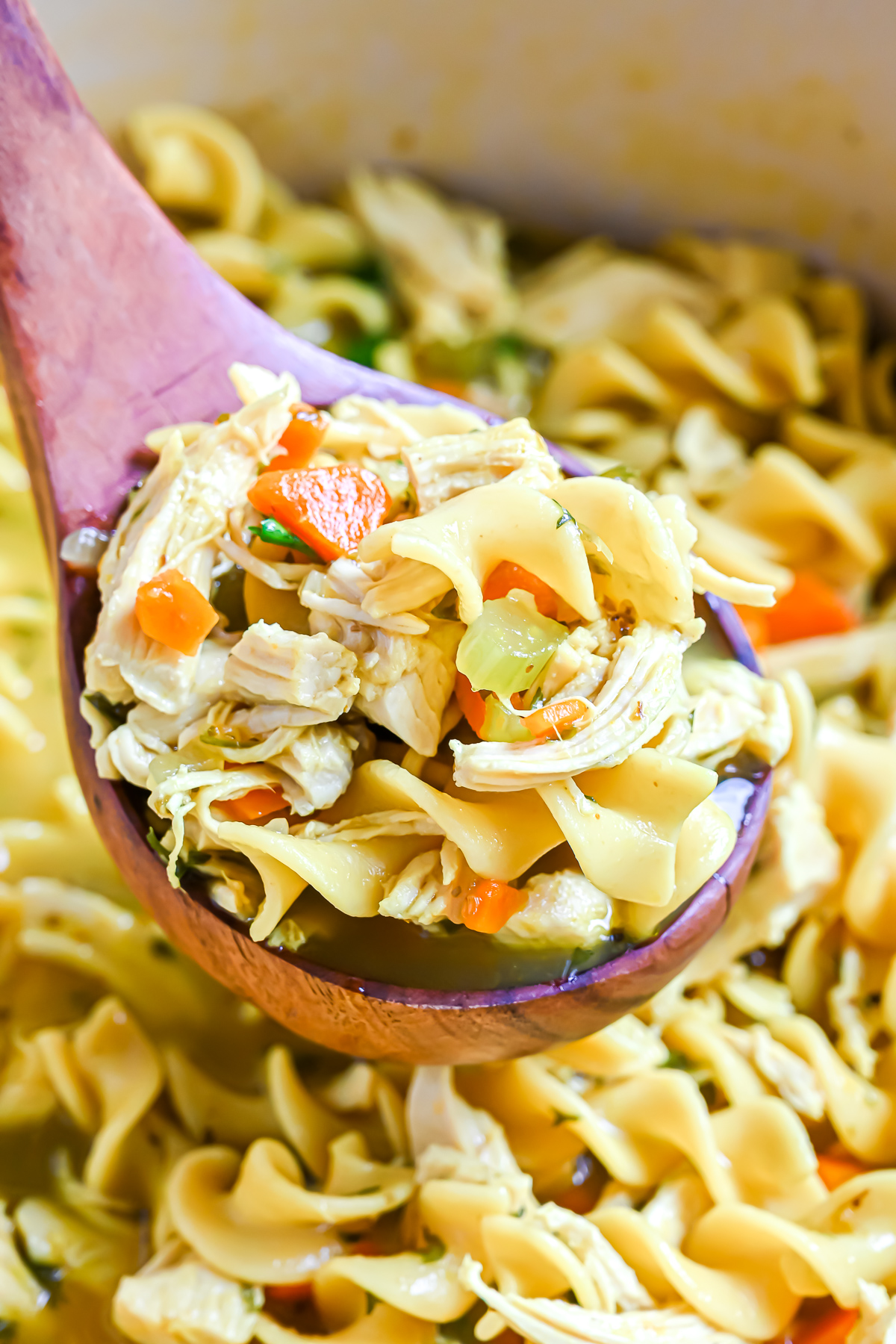 A large wooden ladle of Chicken Noodle Soup showing large, juicy chunks of chicken breast, tender egg noodles, and pieces of celery, carrots and onions.