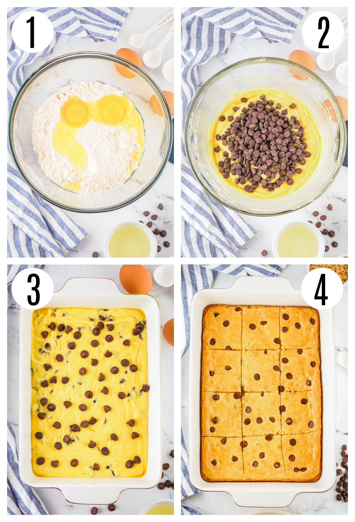 The steps to make the Chocolate Chip Cookie Bar with Cake Mix include adding the oil, water, cake mix and eggs to a large mixing bowl and combining them, folding in the chocolate chips, pouring the batter into a pan and baking the bars.
