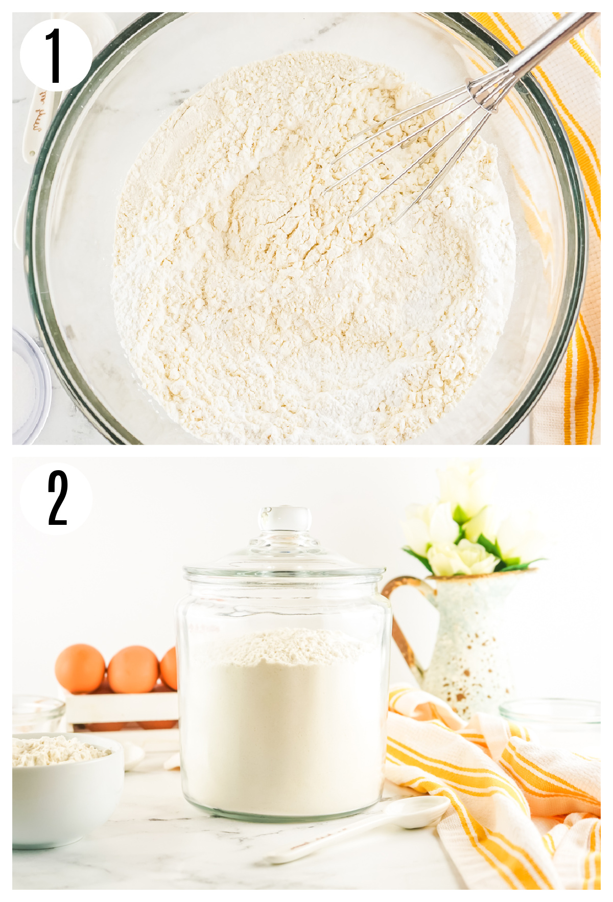 The step to make the bulk pancake mix include combining all the dry ingredients in a large mixing bowl and then storing it in an airtight container.