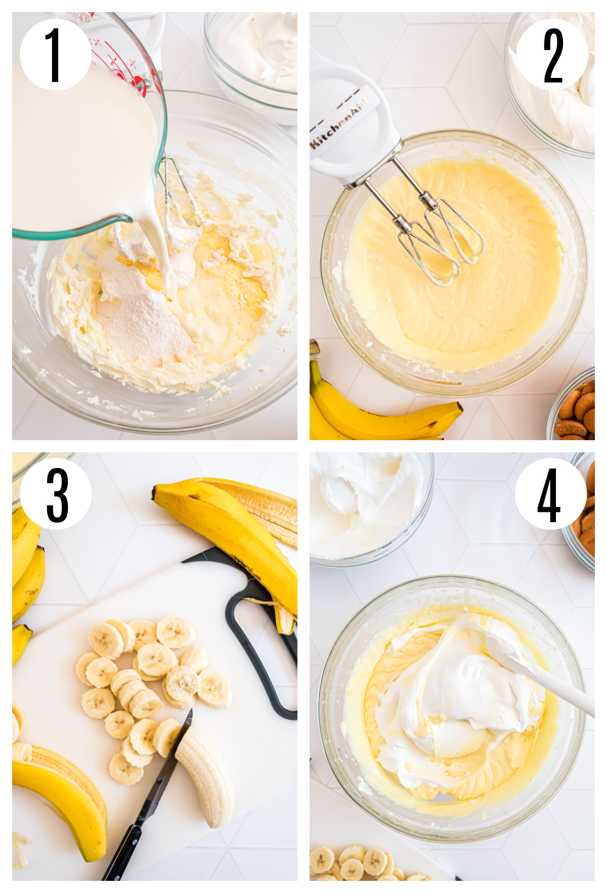 The first steps to making the banana pudding with cream cheese dessert include blending the cream cheese until smooth, adding the milk and pudding to the cream cheese, slicing the bananas and folidng the Cool Whip into the pudding mixture.