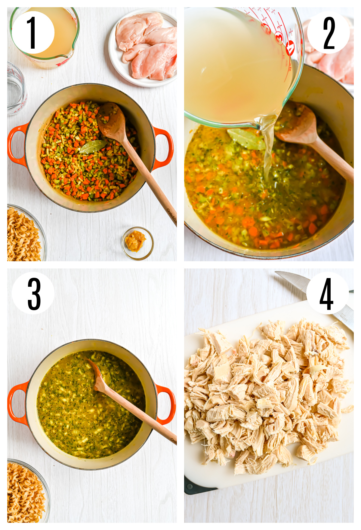 The first four steps to making the Panera Chicken Noodle Soup including: sauteing the vegetables, adding the chicken broth and water and cooking the chicken, and shredding the chicken.