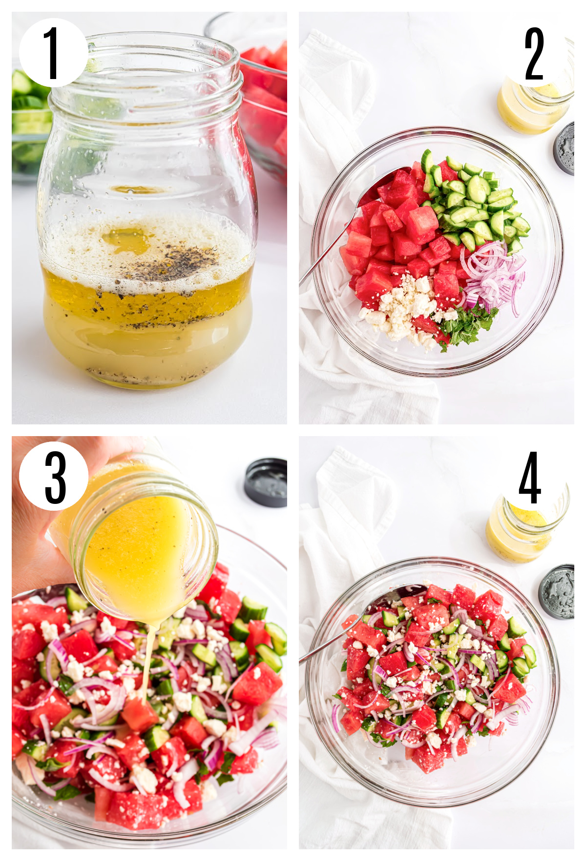 The steps in making the Watermelon Salad with Goat Cheese include adding the dressing ingredients to a jar to combine, adding the salad ingredients to a large bowl, drizzling the dressing on the salad and tossing to coat.