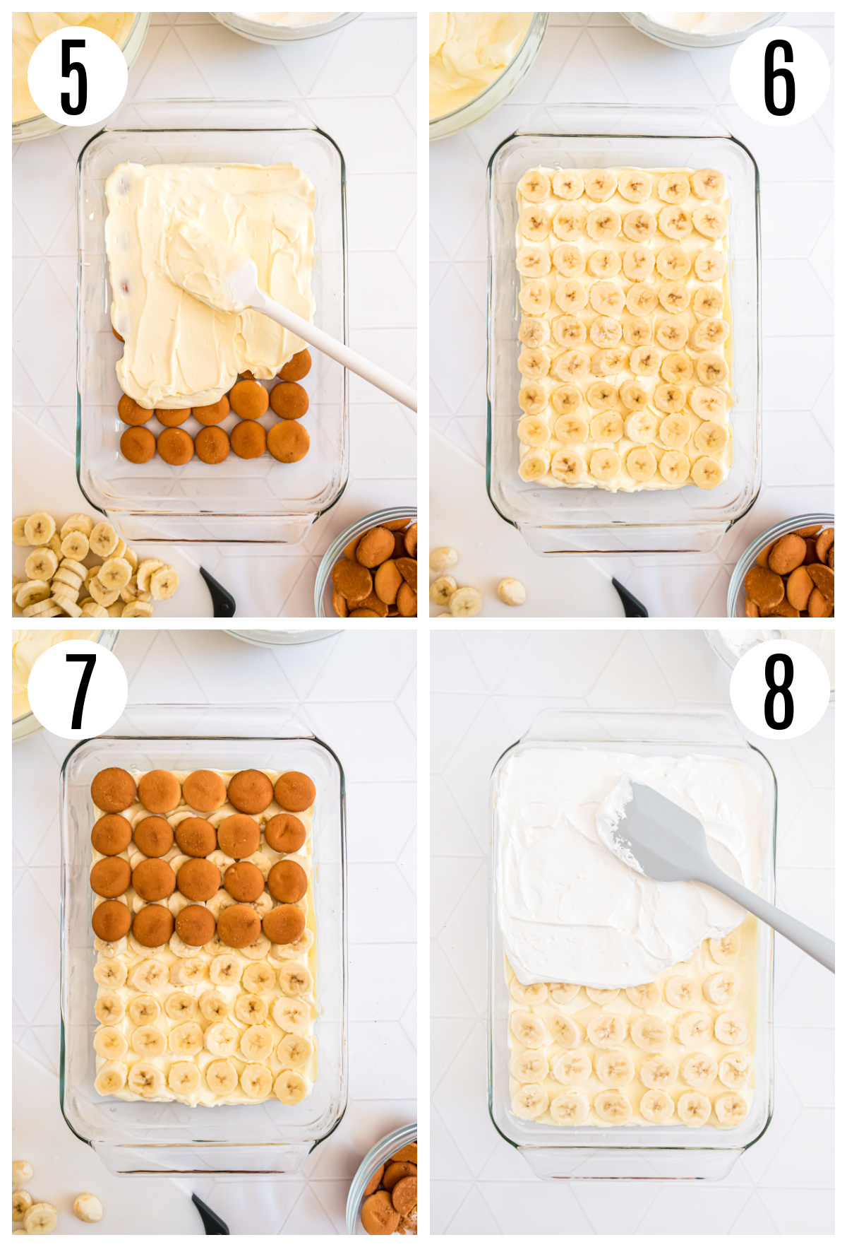 The next steps to making the banana pudding with cream cheese include placing Nilla wafers in a single layer in a 9"x13" dish, adding a layer of pudding on top, adding a layer or sliced bananas on top and then repeating and finally topping with Cool Whip.