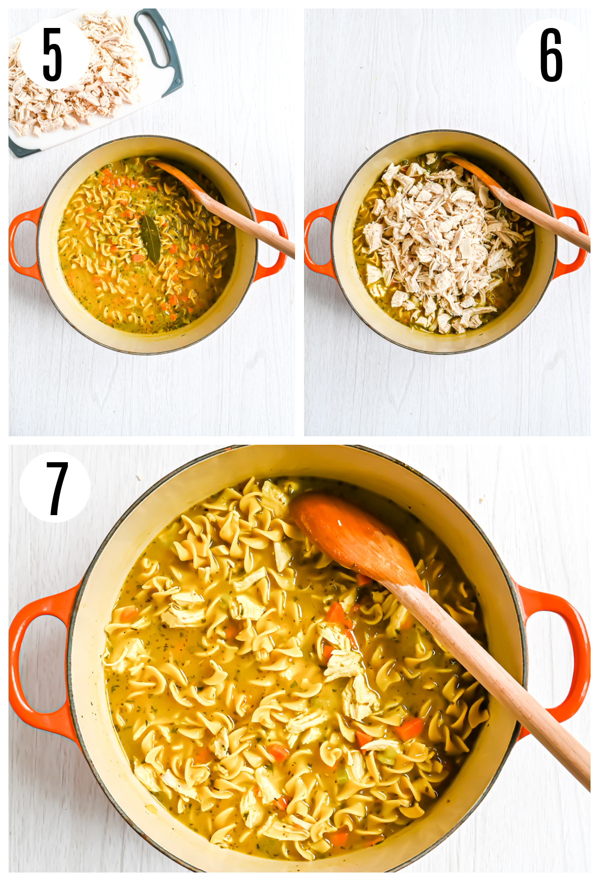 The next steps in making this soup recipe include cooking the noodles, adding the chicken back into the pot and stirring to combine.