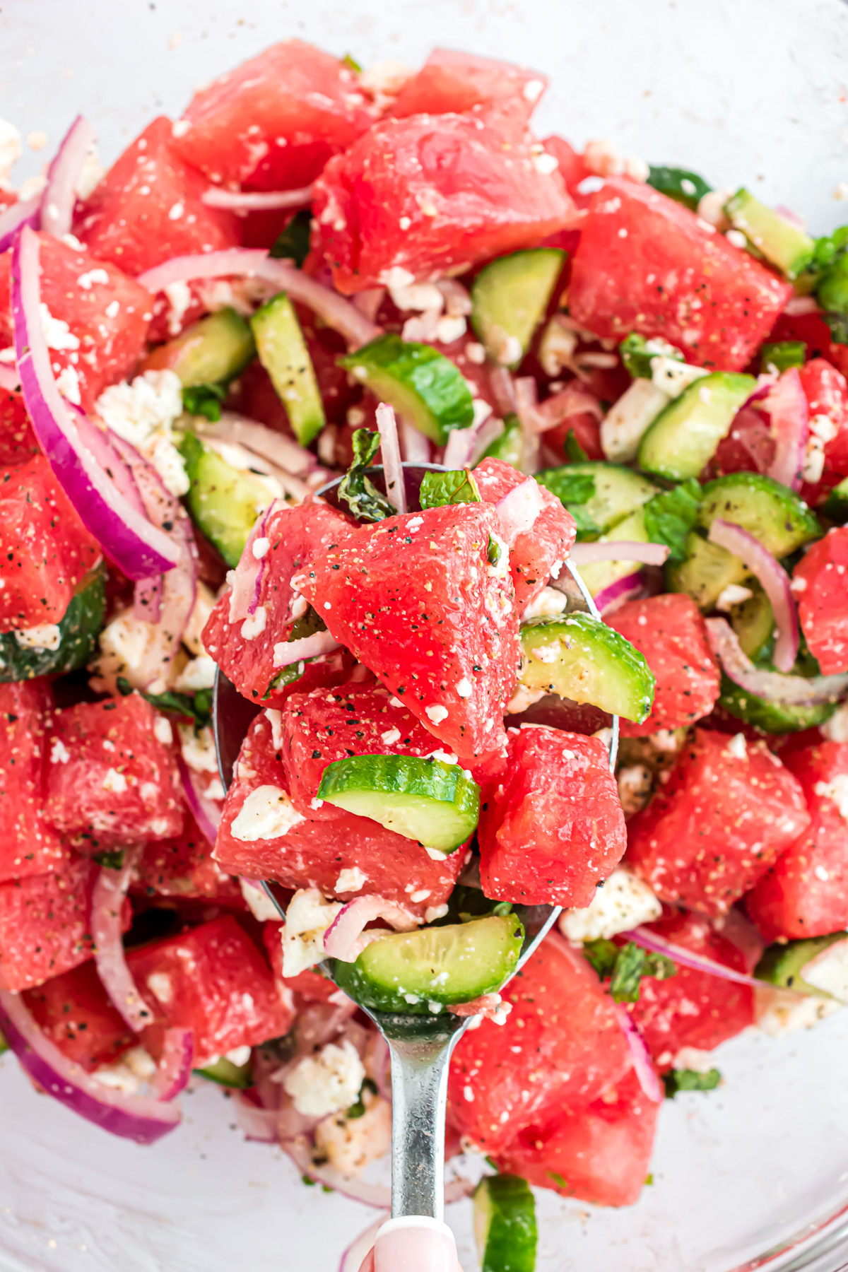 A spoonful of watermelon salad showing large chunks of juicy watermelon, cucumber slices, red onion and crumbled goat cheese.