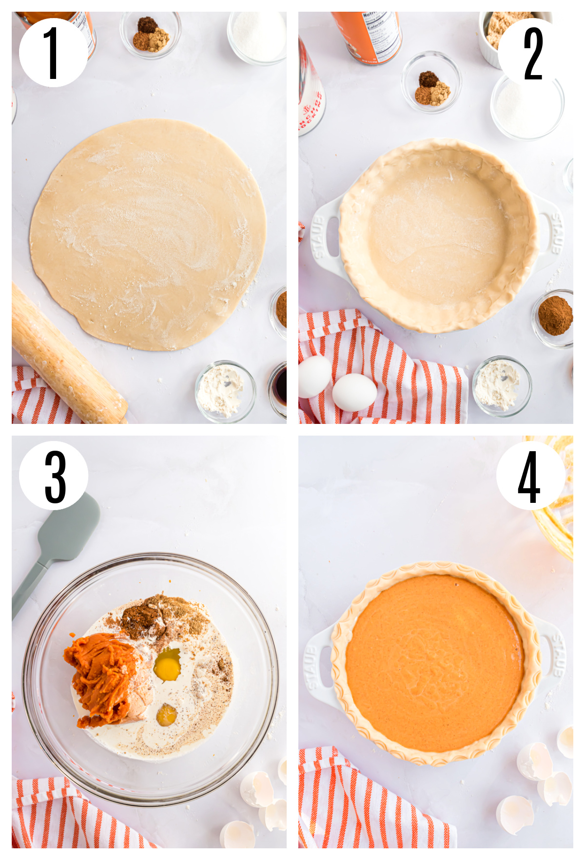 The steps to make the Pumpkin Pie without evaporated milk include: rolling the pie crust, pressing the crust into a pie plate, stirring all the filling ingredients together and pouring the filling into the prepared pie crust.