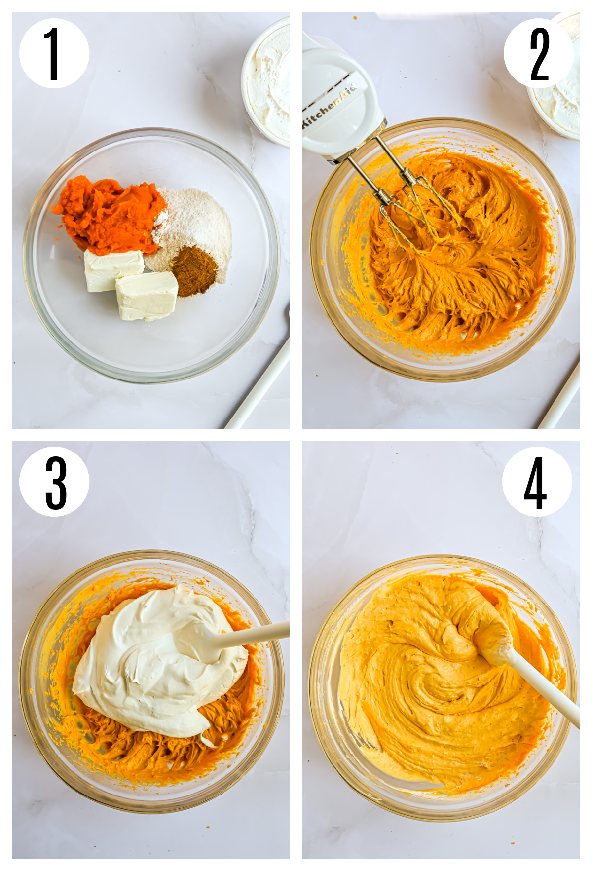 The steps to make the pumpkin fluff recipe include adding all the ingredients, except the cool whip, to a large mixing bowl, blending them with a hand mixer and then folding in the cool whip.
