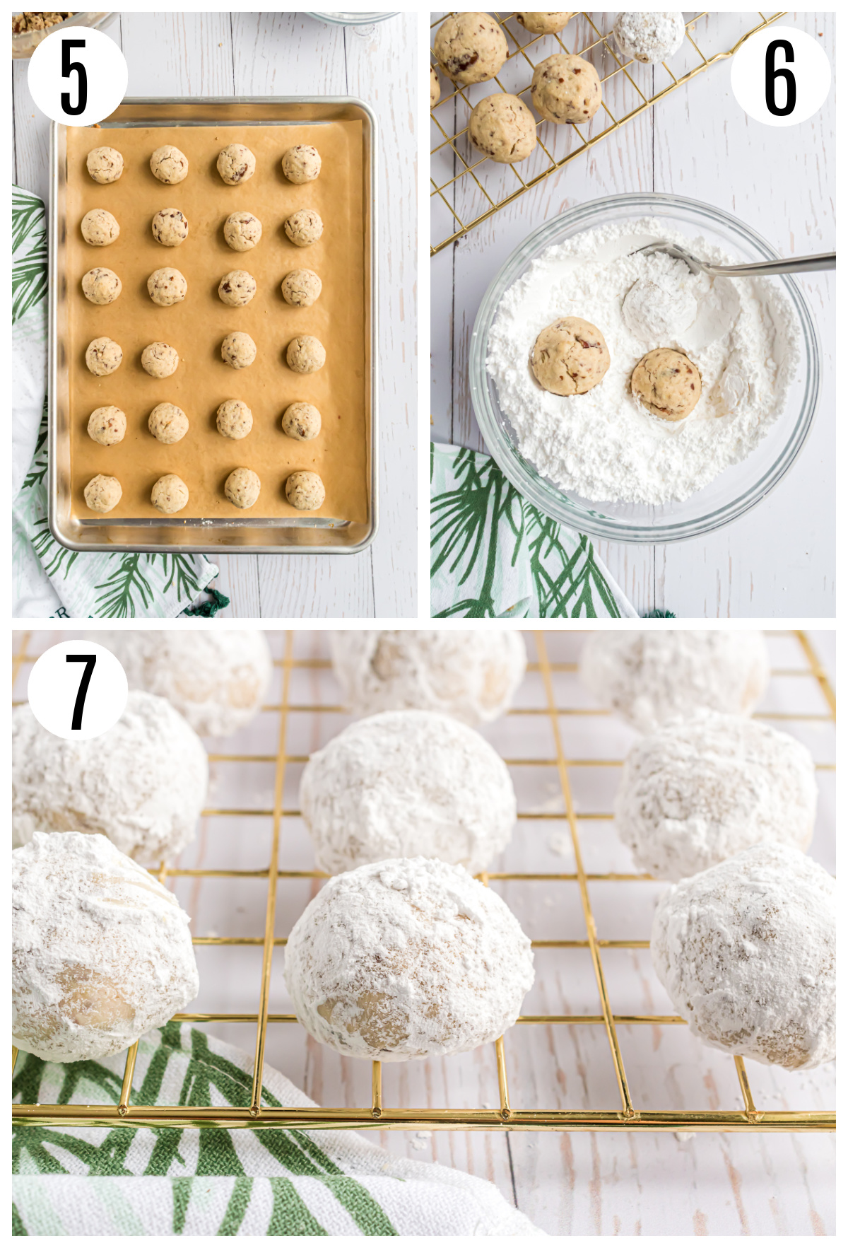 After baking, roll the cookies in powdered sugar and then place them on a cooling rack.