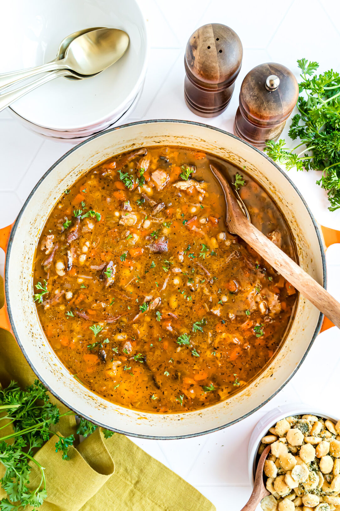 A large pot of white bean soup ready to enjoy.