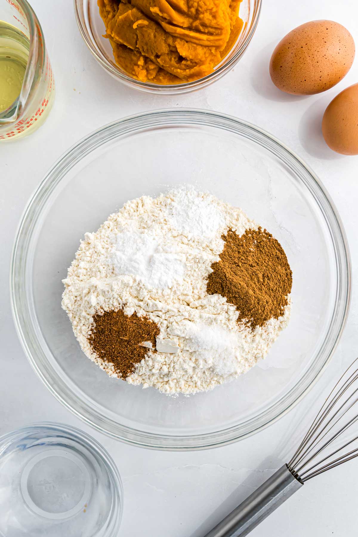All the dry ingredients needed for the bread combined in a mixing bowl.