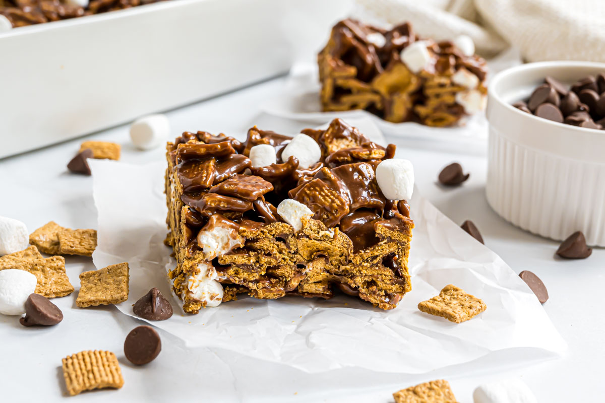 A Golden Graham Bar on a piece of parchment paper.