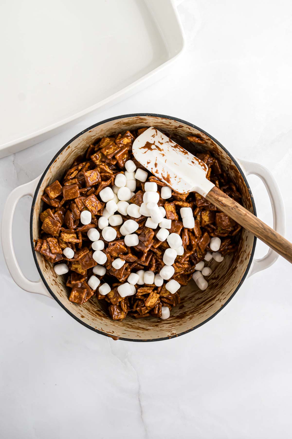 The s'mores mixture stirred together in the pot.
