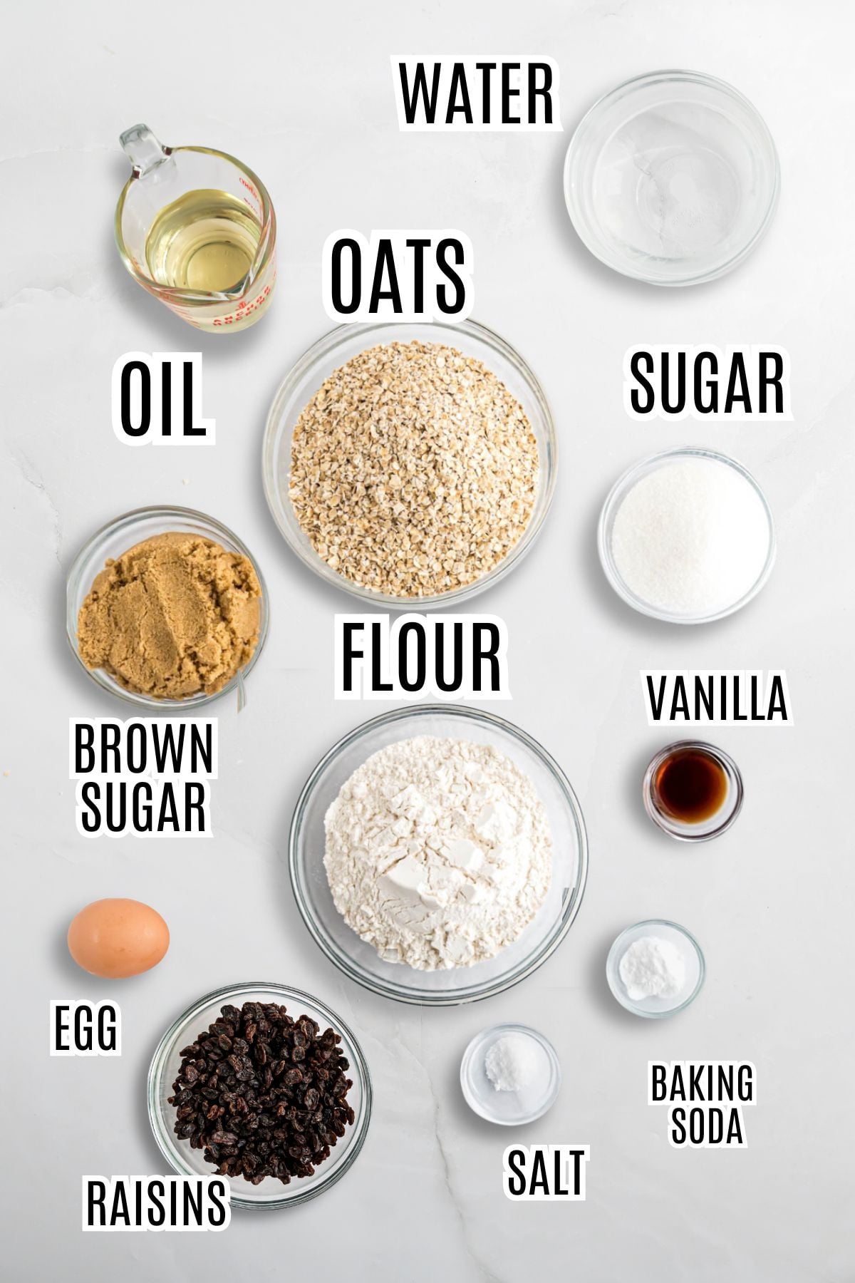 The ingredients needed to make this oatmeal cookie recipe include quick oats, oil, water, egg, raisins, salt, baking soda, vanilla, brown sugar, and flour.