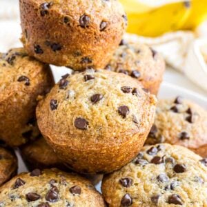 Banana Chocolate Chip Muffins piled in a large serving bowl.