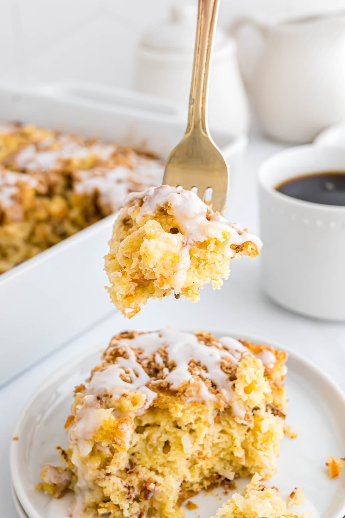 A bite of Morning Glory Cake on a fork.